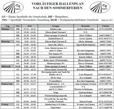 Vorläufiger Hallenplan NACH DEN SOMMERFERIEN