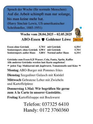 Speisekarte vom 28.04.2025 bis 02.05.2025
