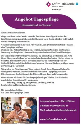 Angebot Tagespflege demnächst in Ziesar