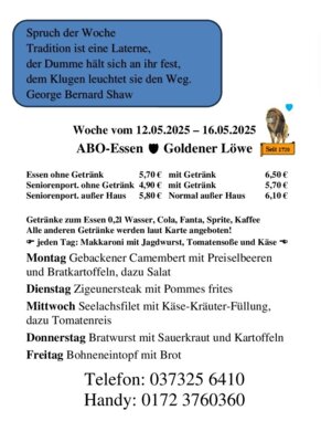 Speisekarte vom 12.05.2025 bis 16.05.2025