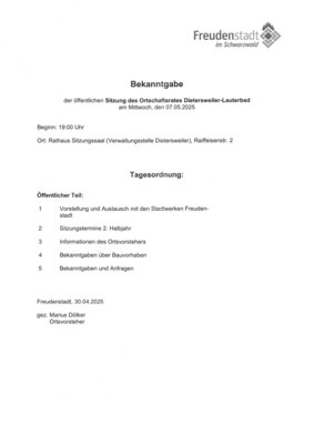 Bekanntgabe der öffentlichen Ortschaftsratssitzung Dietersweiler-Lauterbad am 07.05.25 (Bild vergr&ouml;&szlig;ern)