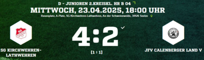 Ergebnis vom 2. Spieltag 2. Kreisklasse D-Junioren: SG Kirchwehren/Lathwehren - JFV Calenberger Land V (Bild vergrößern)