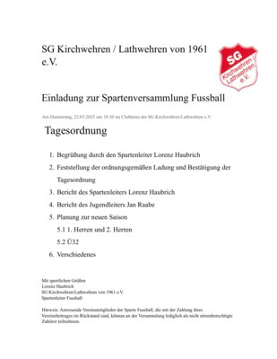Einladung zur Spartenversammlung der Fußball-Sparte (Bild vergrößern)