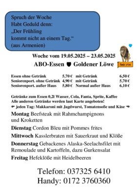 Speisekarte vom 19.05.2025 bis 23.05.2025