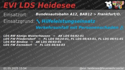 Meldung: Einsatz 21/2025 | VU PKW  keine Feststellung | BAB 12 AS Friedersdorf - AS Storkow