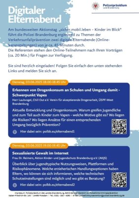 Das Polizeipräsidium des Landes Brandenburg bietet am 03.06. zwei Veranstaltungen für Eltern an.