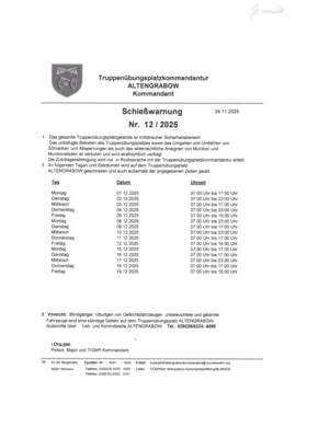 Schießwarnung Nr. 12/2025