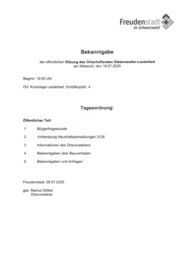 Bekanntgabe der öffentlichen Ortschaftsratssitzung Dietersweiler-Lauterbad am 16.07.25 (Bild vergr&ouml;&szlig;ern)