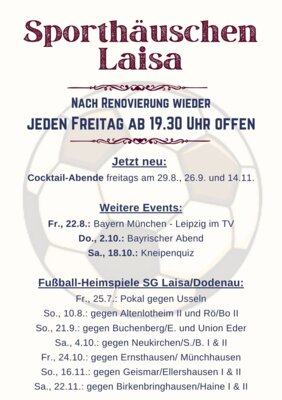Die nächsten Events im Sportlerheim Laisa