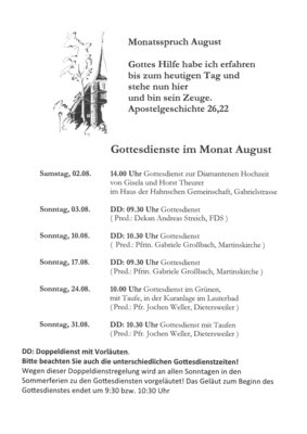 Gottesdienste der Ev. Kirchengemeinde im August