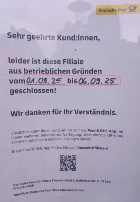 Postfiliale geschlossen (Bild vergr&ouml;&szlig;ern)