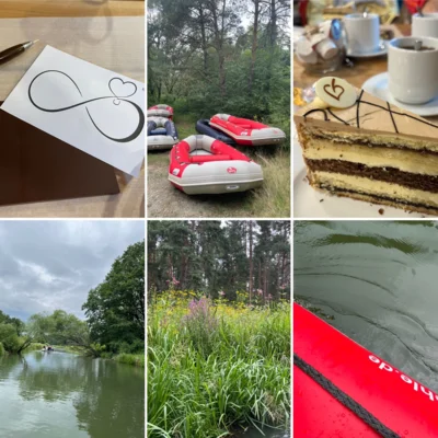 Boote, Torte, Spree, Uferbewuchs, Kanu und Wasser