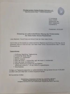Einladung zur außerordentlichen Sitzung des Fördervereins der HKS (Bild vergrößern)