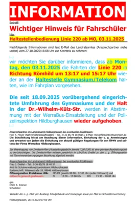 Meldung: Änderung Bushaltstelle Linie 220