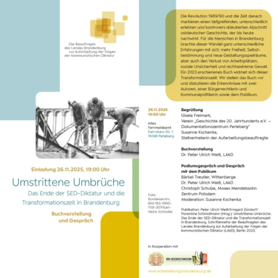 91. Themenabend „Umstrittene Umbrüche“ - Buchvorstellung - Das Ende der SED-Diktatur und die Transformationszeit in Brandenburg