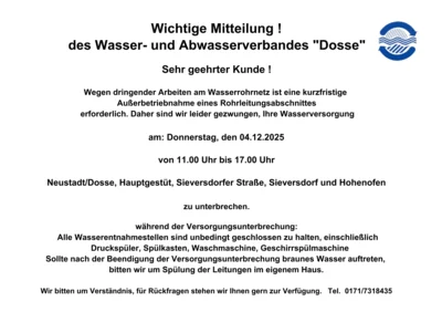 Wichtige Mitteilung des Wasser- und Abwasserverbandes "Dosse"