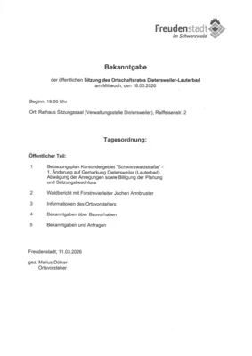 Bekanntgabe der öffentlichen Ortschaftsratssitzung Dietersweiler-Lauterbad am 18.03.2026 (Bild vergr&ouml;&szlig;ern)