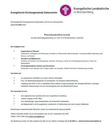 Stellenausschreibung der Evangelische Kirchengemeinde Dietersweiler: Pfarramtssekretär/in (Bild vergr&ouml;&szlig;ern)