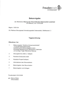 Bekanntgabe der öffentlichen Ortschaftsratssitzung Dietersweiler-Lauterbad am 13.05.2026 (Bild vergr&ouml;&szlig;ern)