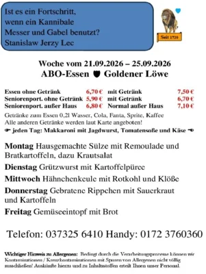 Speisekarte vom 21.09.2026 bis 25.09.2026