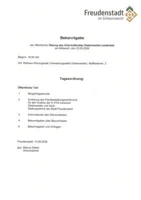 Bekanntgabe der öffentlichen Ortschaftsratssitzung Dietersweiler-Lauterbad am 23.09.2026 (Bild vergr&ouml;&szlig;ern)