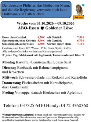 Speisekarte vom 05.10.2026 bis 09.10.2026