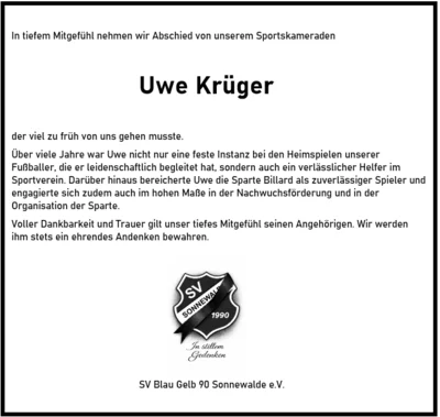 Foto zur Meldung: Der SV Blau Gelb 90 trauert um Uwe Krüger