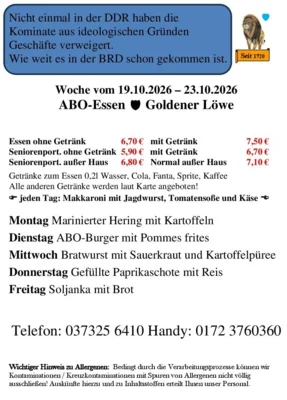 Speisekarte vom 19.10.2026 bis 23.10.2026