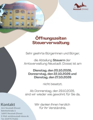 Informationen zu den Öffnungszeiten der Steuerverwaltung