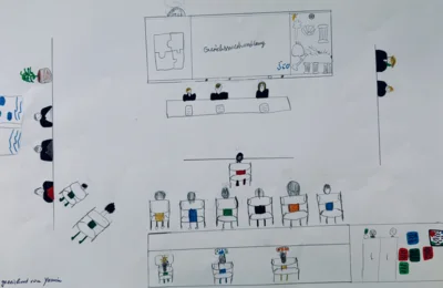 Zeichnung der Gerichtsverhandlung