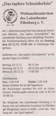 Foto zur Meldung: Eilenburger Amtsblatt: "Das tapfere Schneiderlein" Weihnachtsmärchen des Laientheater Eilenburg e.V.