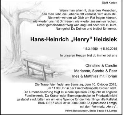 Unser 1. Vorsitzender Henry Heidsiek ist verstorben