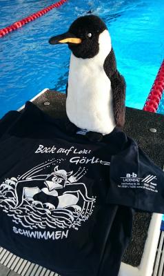 Unser Schwimmer-Pinguin freut sich über die neuen T-Shirts