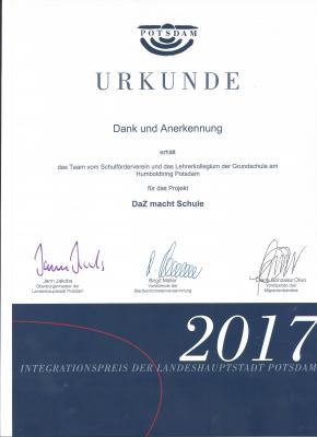 Foto zur Meldung: Anerkennung beim Potsdamer Integrationspreis 2017