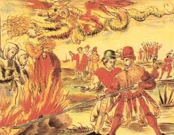 Zeichnung von einer Hexenverbrennung im Mittelalter