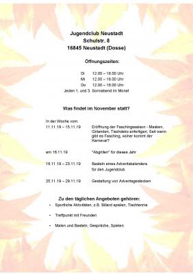 Veranstaltungen im November im Jugendclub Neustadt