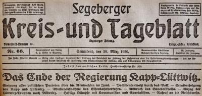 Segeberger Kreis- und Tageblatt am 20.03.1920 verkündet das Putsch-Ende