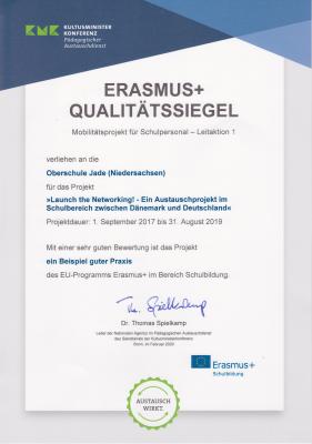 Erasmus+ Qualitätssiegel für Projekt mit Dänemark