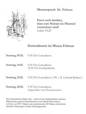Gottesdienste der ev. Kirchengemeinde Dietersweiler im Februar