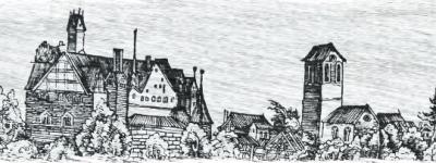 Jagdschloss Lochau und die um 1517 neu erbaute Kirche zu Lochau (heute Annaburg),  Ausschnitt aus einem Holzschnitt von Lucas Cranach