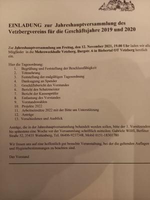 Einladung JHV Vetzbergverein