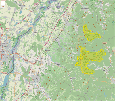 Karte vom Nationalpark Schwarzwald. Deutlich zu sehen die 2 Teilgebiete, die zusammengeführt gehören!!!