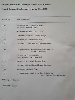 Programmablauf Vorstellung Busendorf zur Landesgartenschau 2022 am 08.05.2022