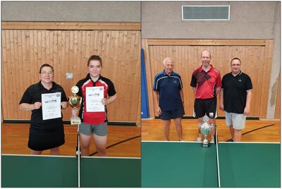 Siegerehrungen der Tischtennis-Vereinsmeisterschaften: Simone und Emma Hanisch (v.l.) sowie Wolfgang Cibura, Gerrit Zucker, Bernd Rietzkow (v.l.) (Bild vergrößern)