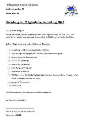 Einladung zur Mitgliederversammlung am Samstag, den 29.10.2022 um 15.30 Uhr im Schloss Kunrau (Bild vergrößern)