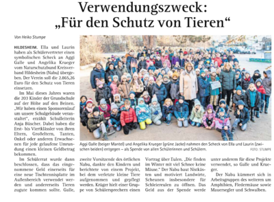 Kinder der Grundschule auf der Höhe setzen sich laufend für Naturschutz ein - Spende für den Schutz von Tieren an den NABU Hildesheim übergeben