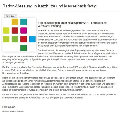 Ergebnis der Radon-Messung an der Grundschule Katzhütte
