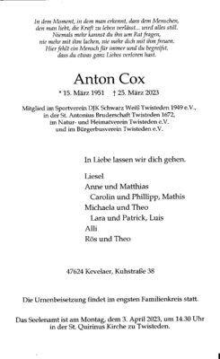 Sterbefall Anton Cox