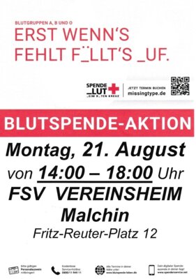 Blutspende-Aktion am 21. August in Malchin