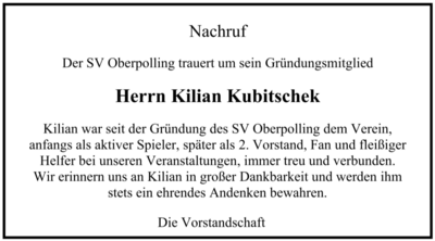 SV Oberpolling trauert um sein Gründungsmitglied Herrn Kilian Kubitschek